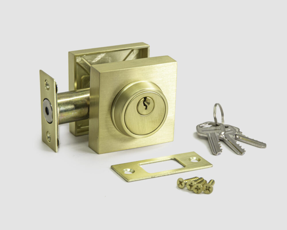 square deadbolt satin gold color, adjustable latch, all installation hardware is included