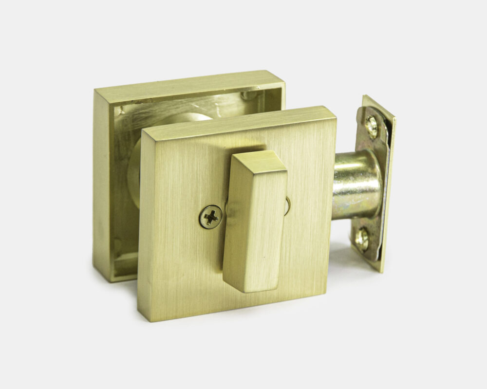 Square deadbolt satin brass finish, available keyed different and keyed alike