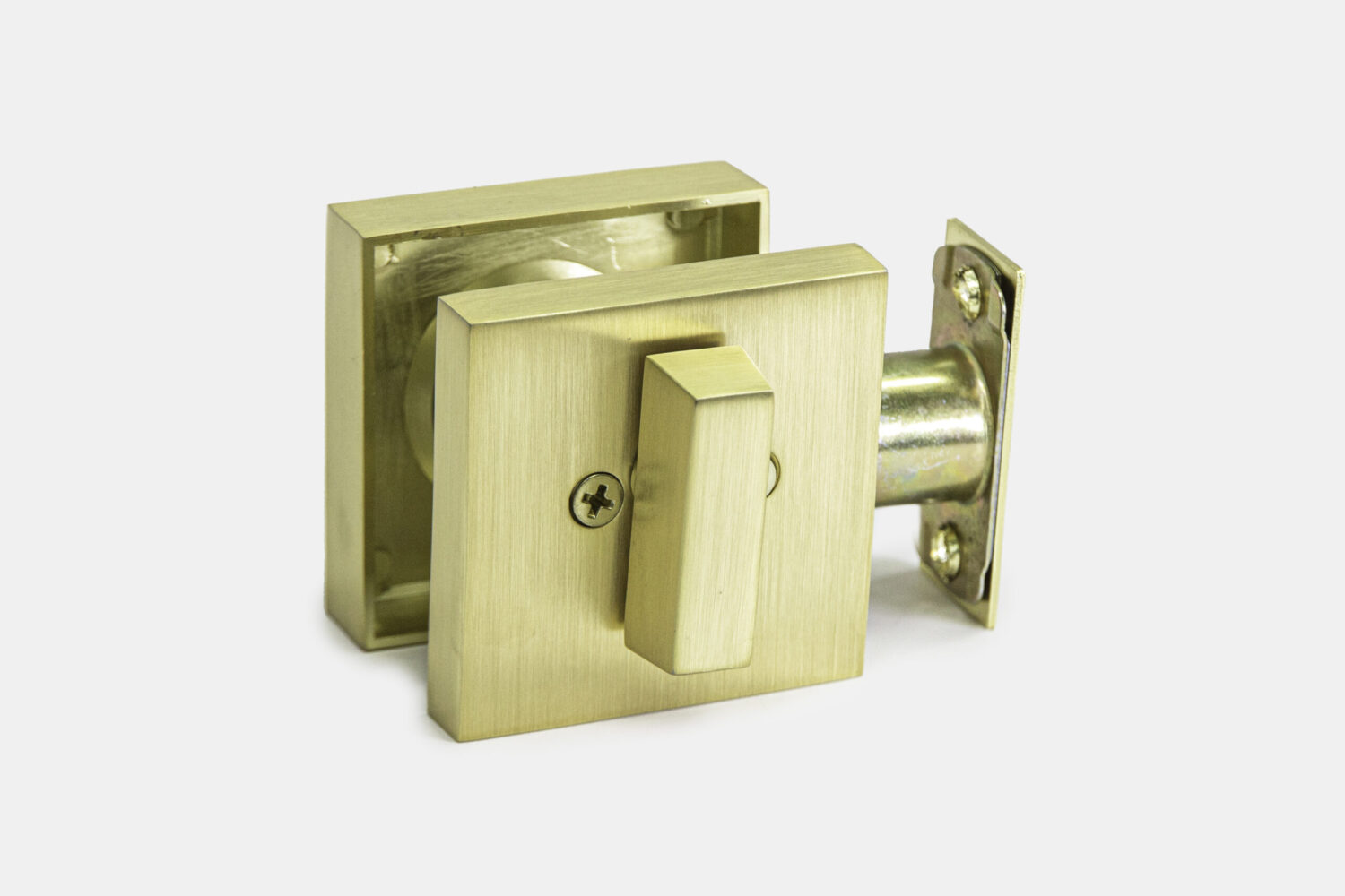 Square deadbolt satin brass finish, available keyed different and keyed alike