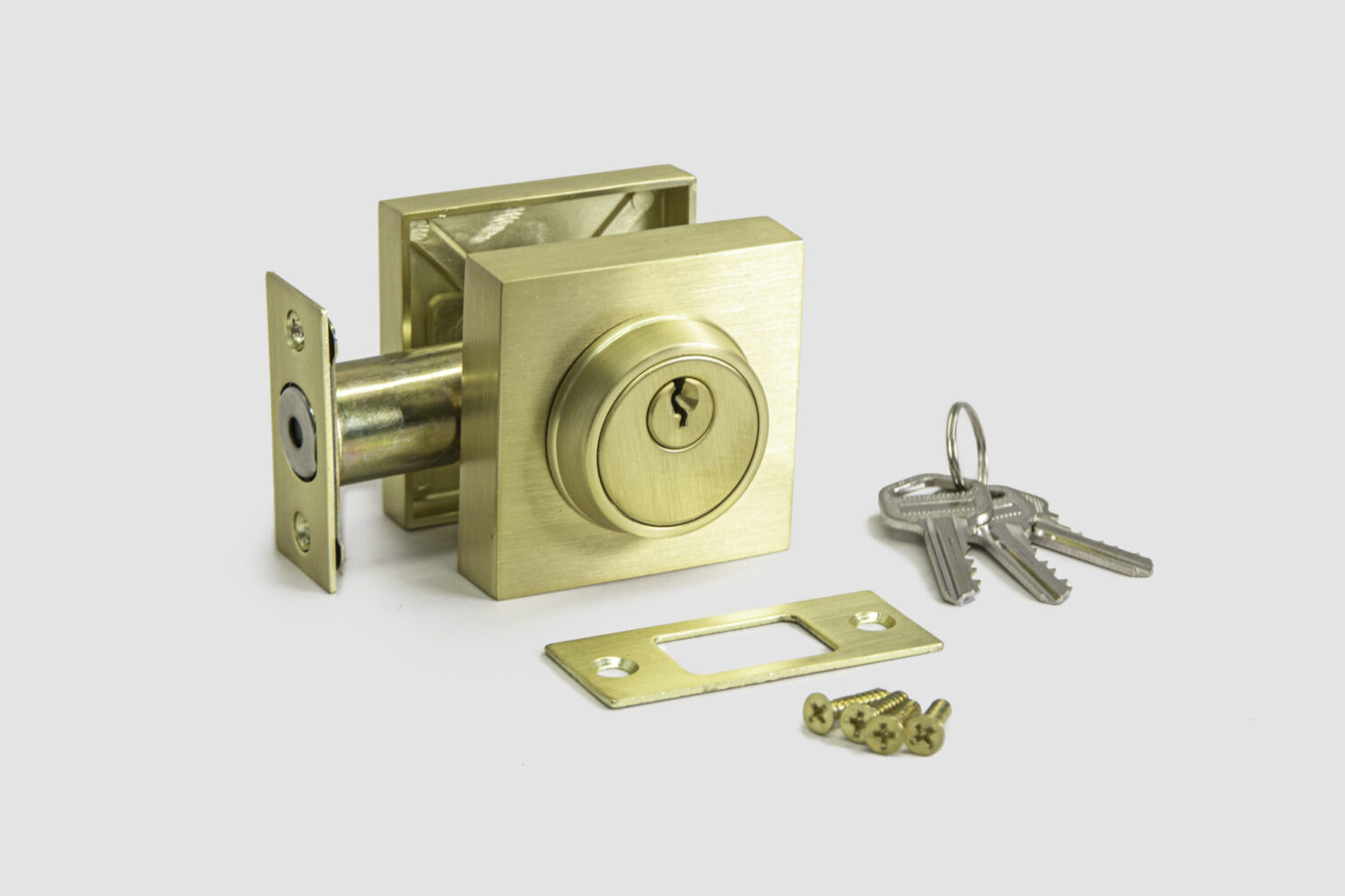 square deadbolt satin gold color, adjustable latch, all installation hardware is included